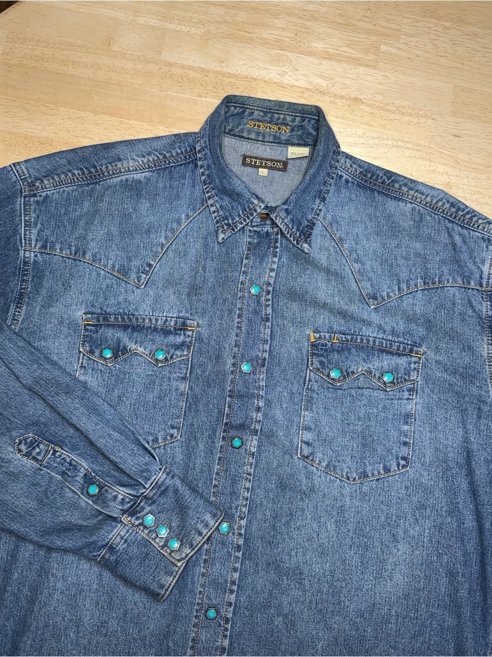 Stetson Western Blue Denim Turquoise Pearl Snap Long Sleeve Shirt Mens Large